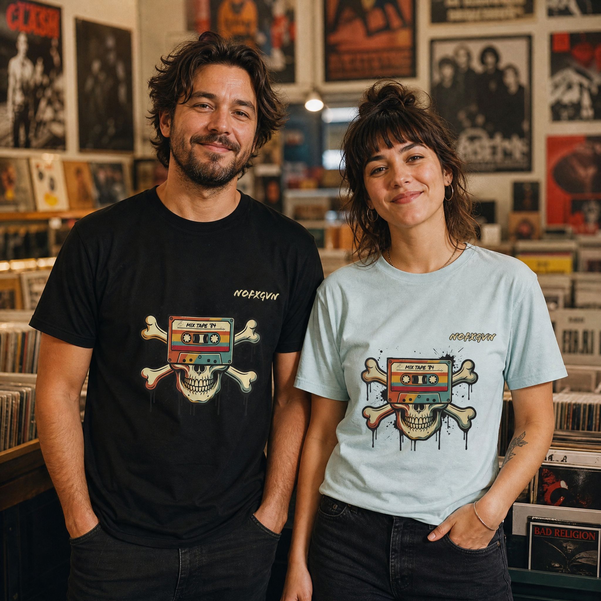 Unisex Retro Pirate Music tee shown on a man in Black and a woman in Heather Prism Ice Blue in a record store | NOFXGVN