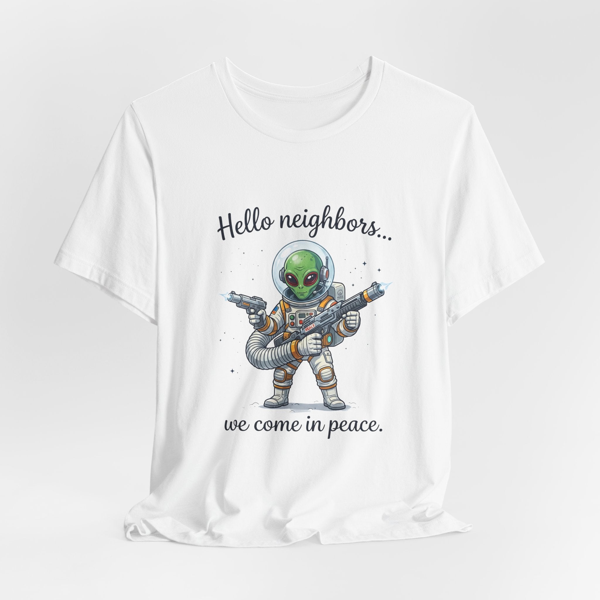 Hello neighbors... we come in peace." Unisex Graphic T‑Shirt in White | NOFXGVN