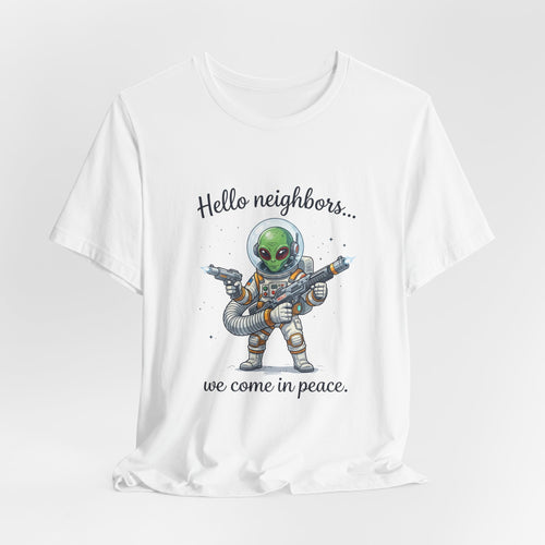 Hello neighbors... we come in peace." Unisex Graphic T‑Shirt in White | NOFXGVN