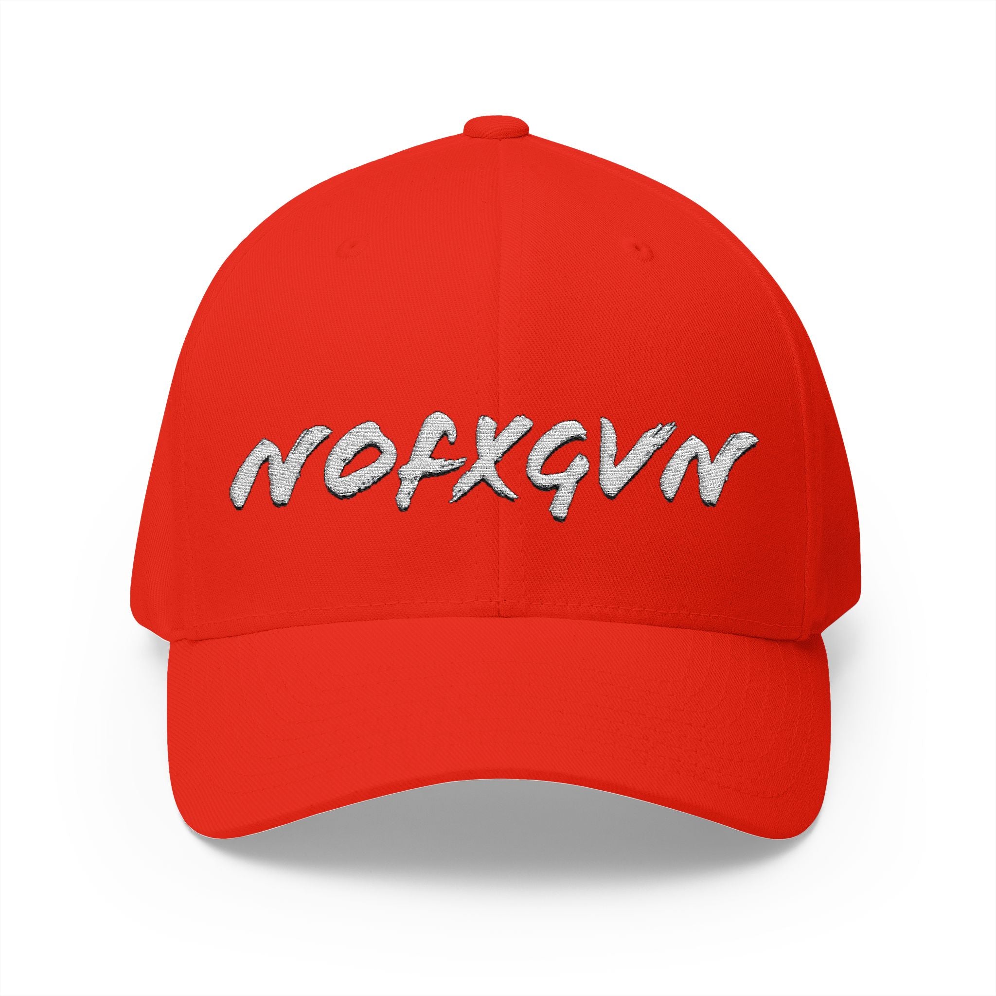 Embroidered 'NOFXGVN' Cap — White Flex-Fit Hat