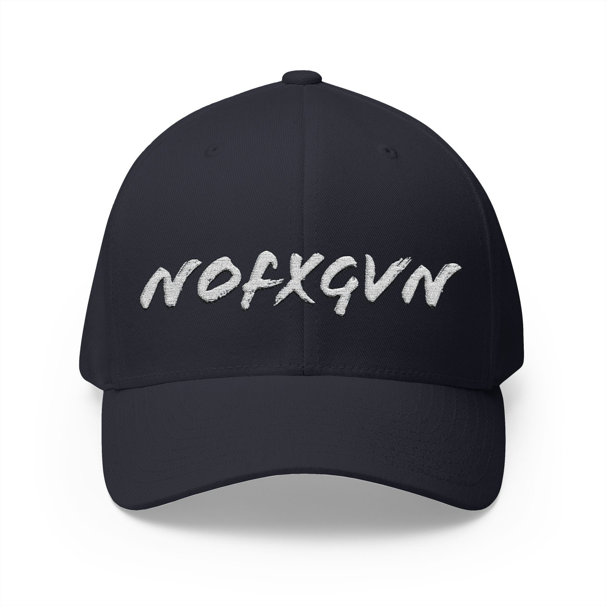 Embroidered 'NOFXGVN' Cap — White Flex-Fit Hat
