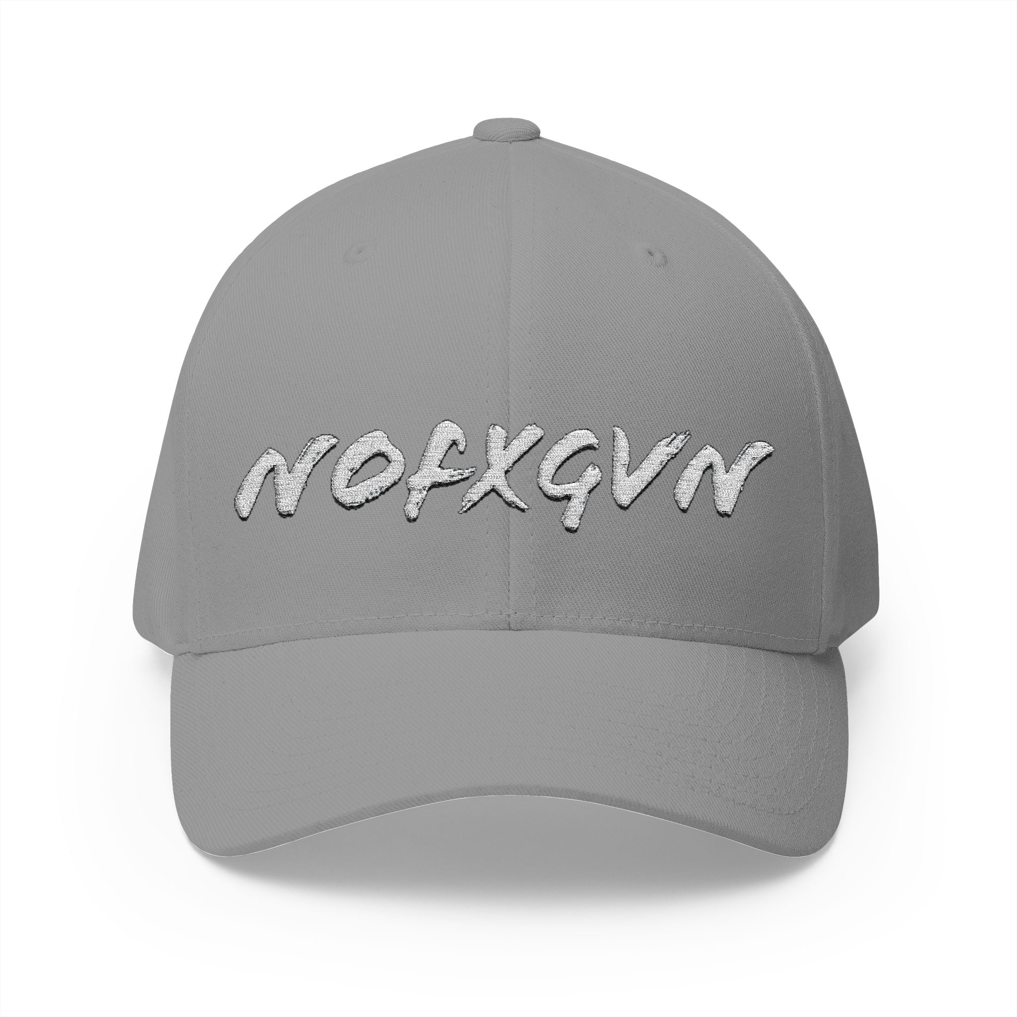 Embroidered 'NOFXGVN' Cap — White Flex-Fit Hat