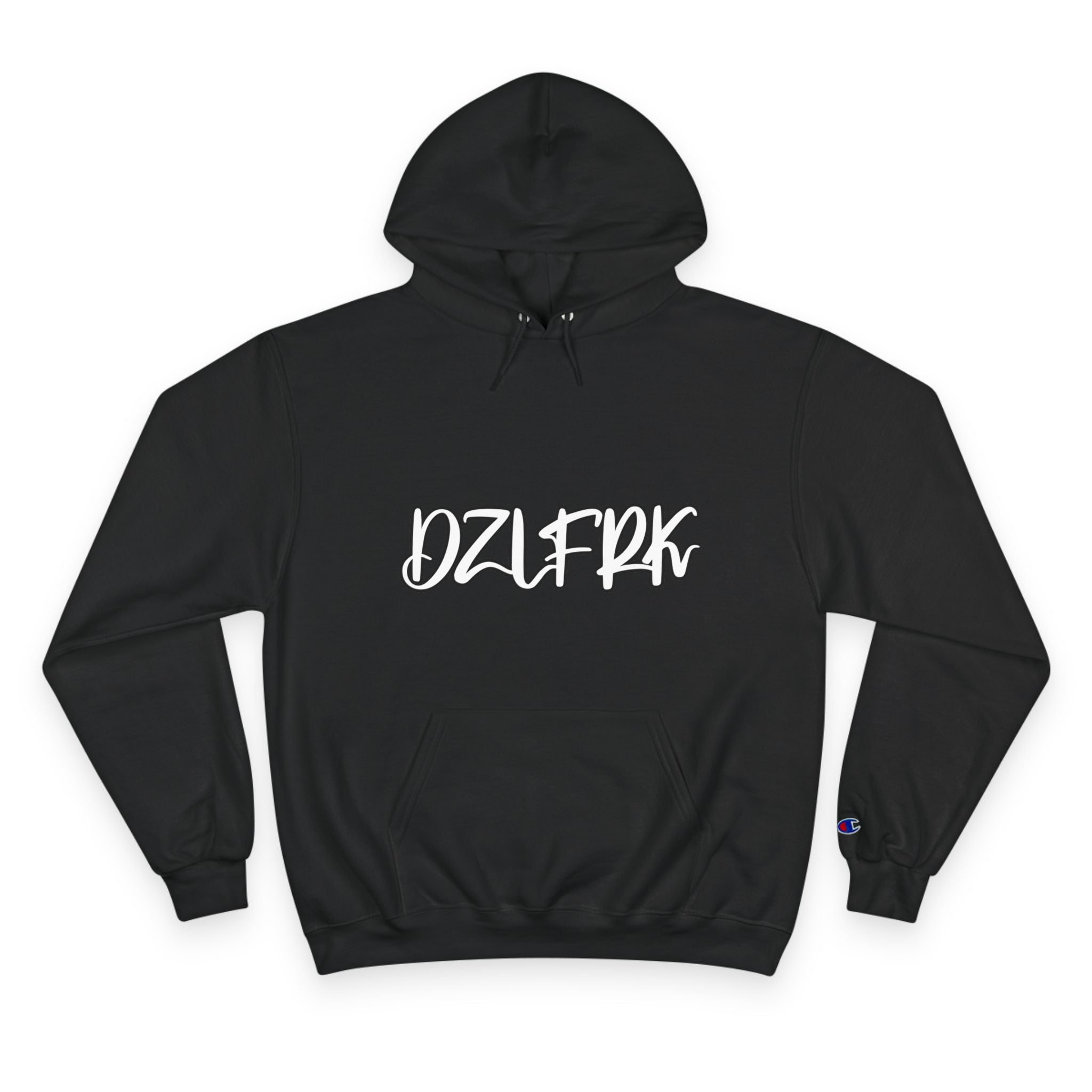 DZLFRK White Text Champion Hoodie in Black | NOFXGVN