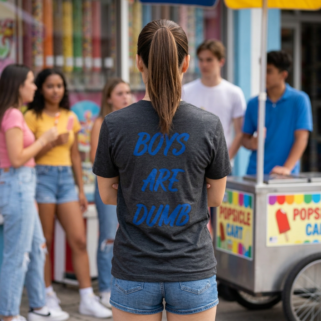 Back view of a woman in a dark grey Boys Are Dumb tee beside a popsicle cart