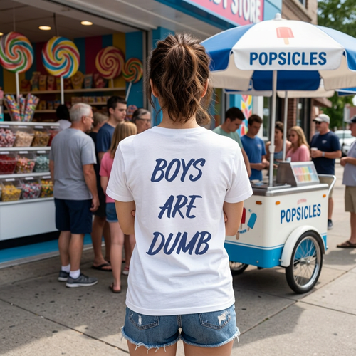 Back view of a woman in a white Boys Are Dumb tee beside a popsicle cart