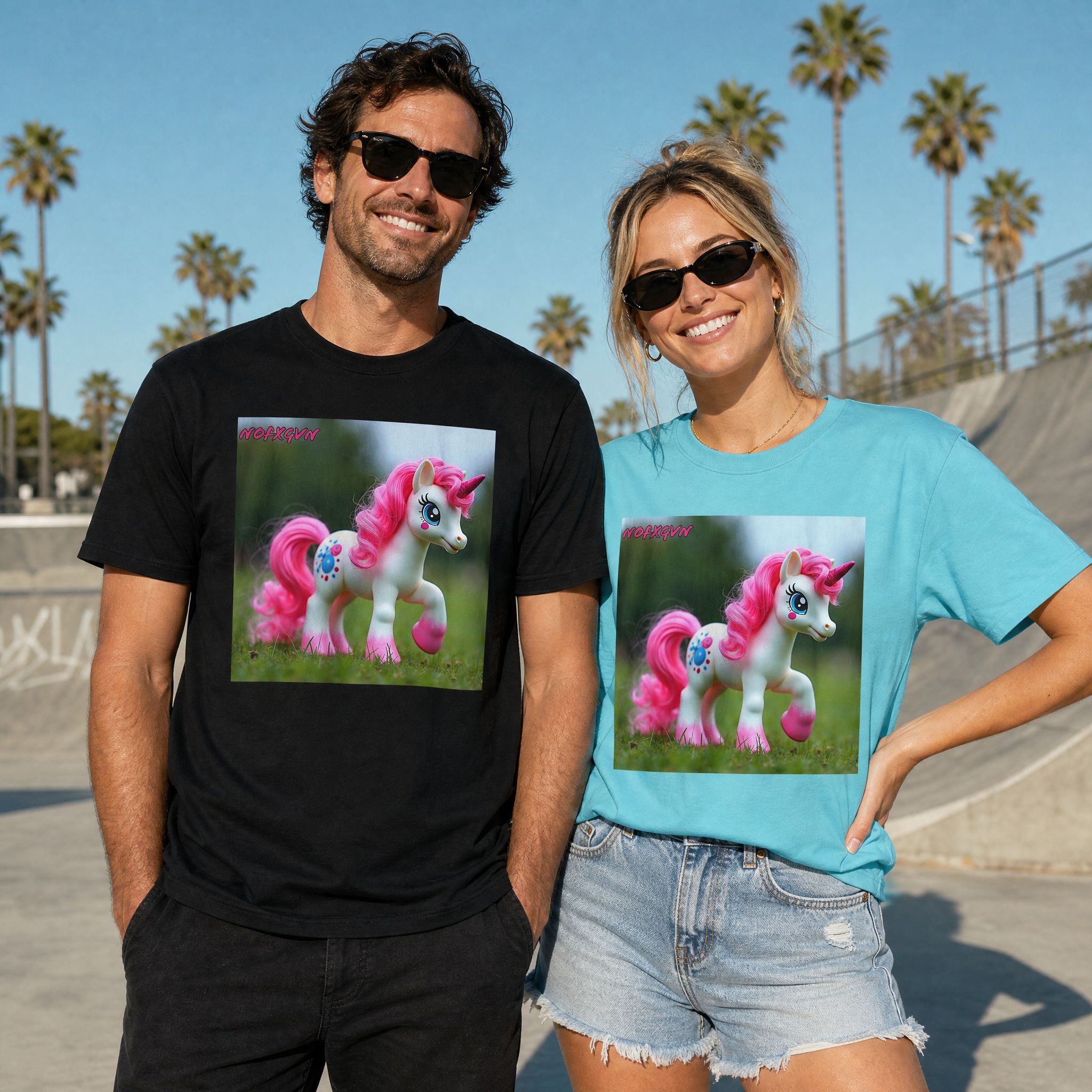 Unisex Vintage Pink Unicorn tee shown on a man in Black and a woman in Turquoise at a sunlit skate park | NOFXGVN