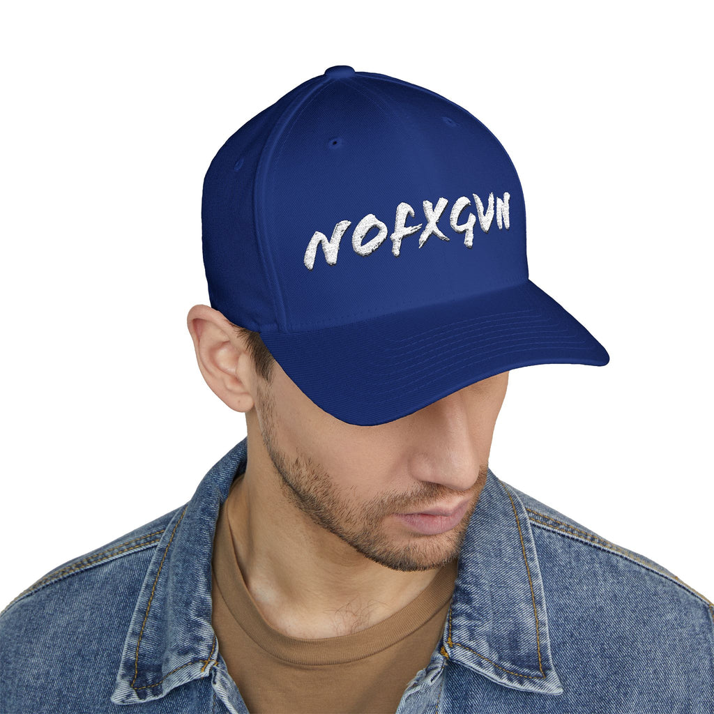 Embroidered 'NOFXGVN' Cap — White Flex-Fit Hat