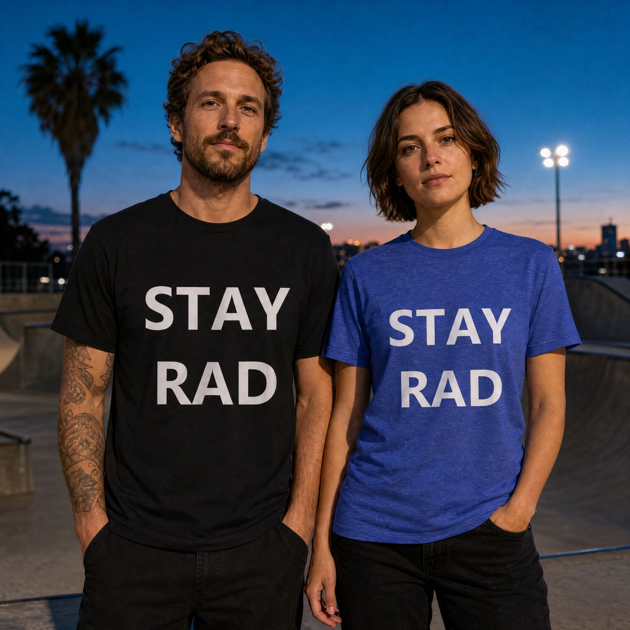 Unisex Stay Rad White Bold tee shown on a man in Black and a woman in Heather True Royal at a skate park at dusk | NOFXGVN