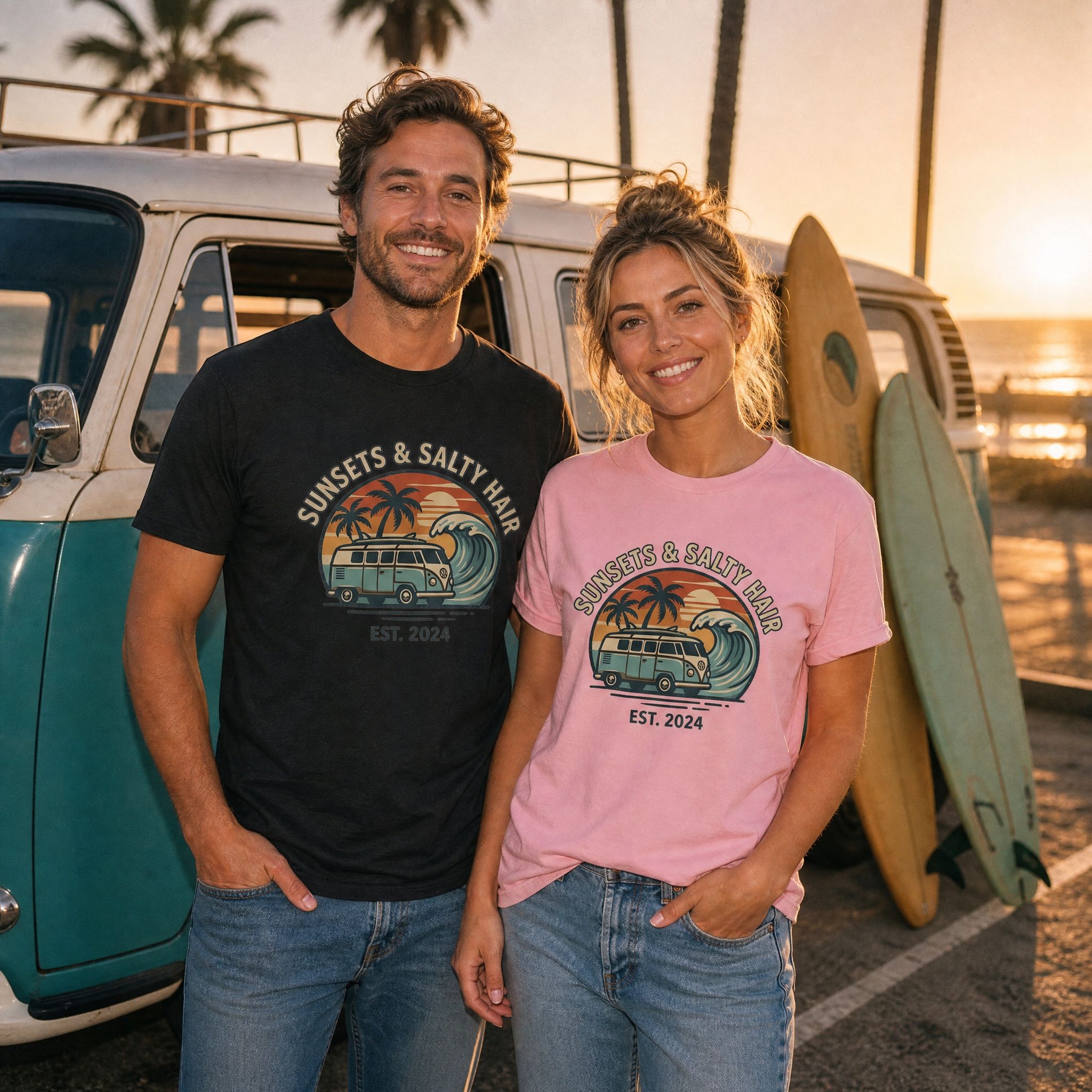 Unisex Sunsets & Salty Hair tee shown on a man in Black Heather and a woman in Pink beside a VW camper van at sunset | NOFXGVN