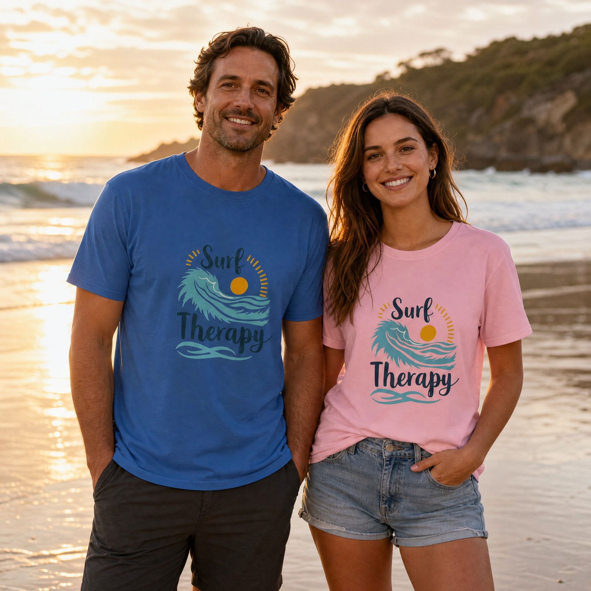Unisex Surf Therapy tee shown on a man in Columbia Blue and a woman in Pink on the beach at golden hour | NOFXGVN