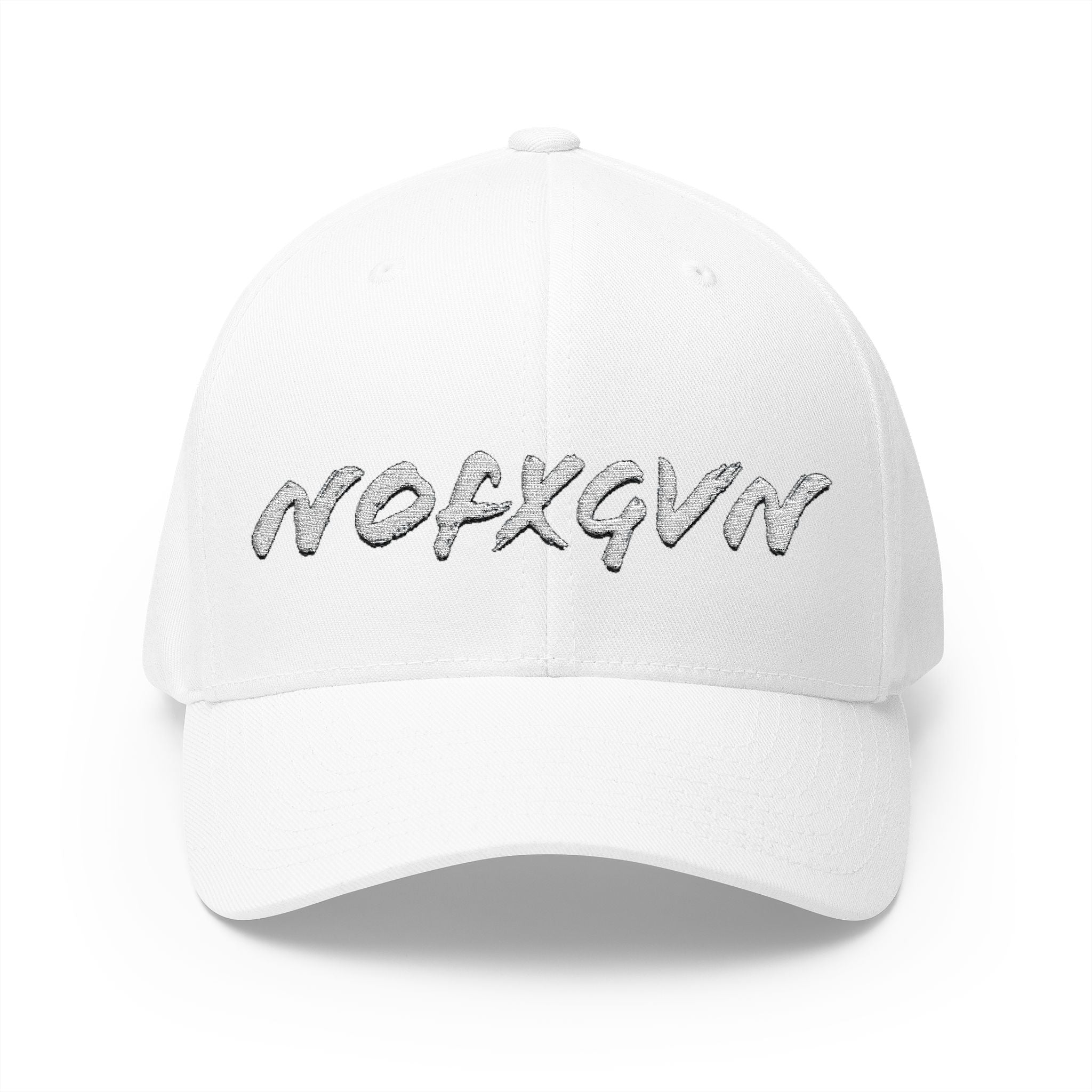 Embroidered 'NOFXGVN' Cap — White Flex-Fit Hat