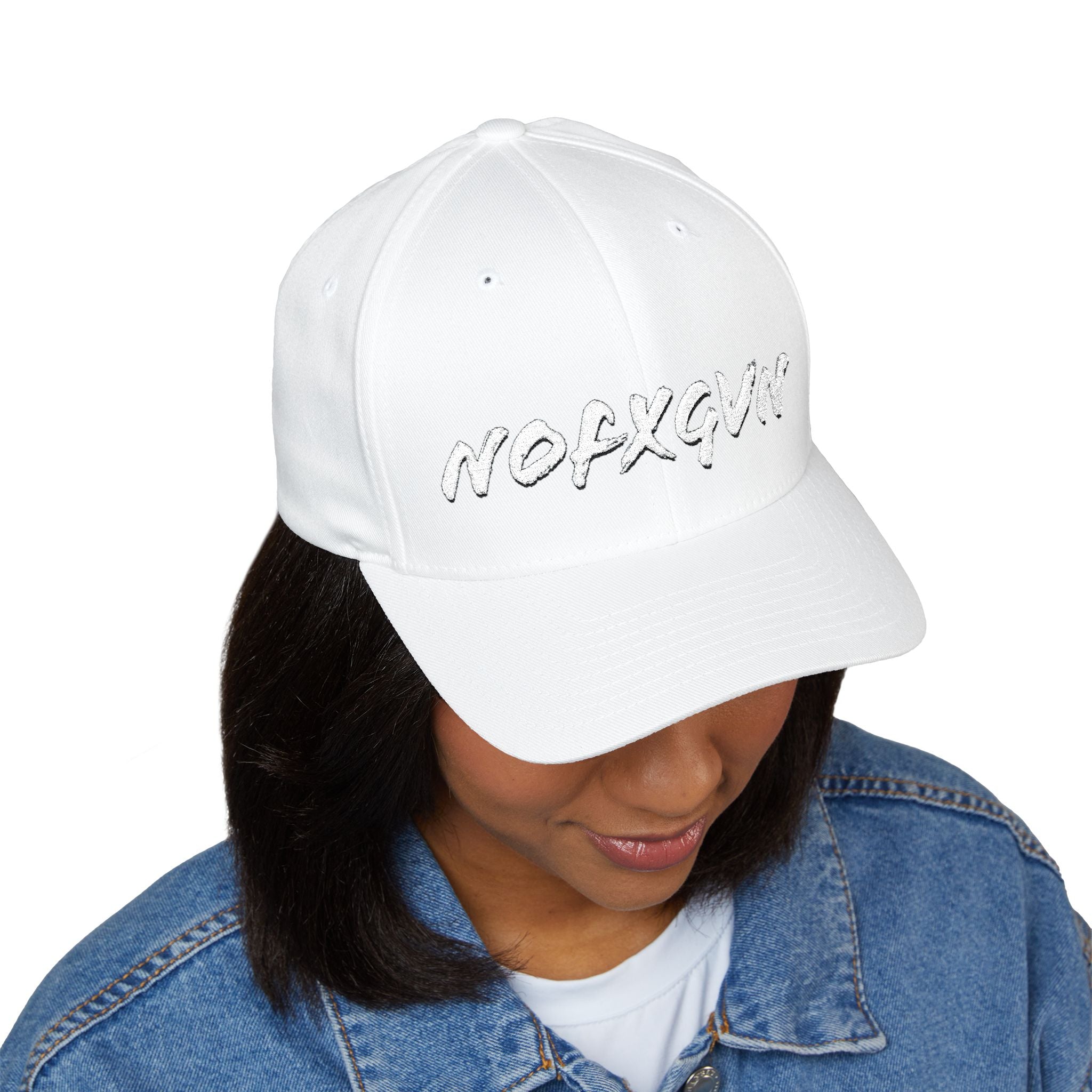 Embroidered 'NOFXGVN' Cap — White Flex-Fit Hat