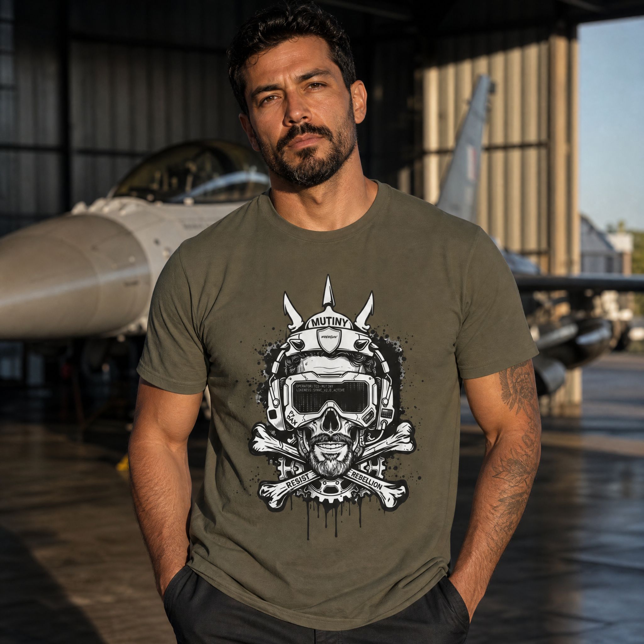Skull Pilot Helmet with Crossbones tee in Army worn by a man in an aircraft hangar beside a fighter jet | NOFXGVN