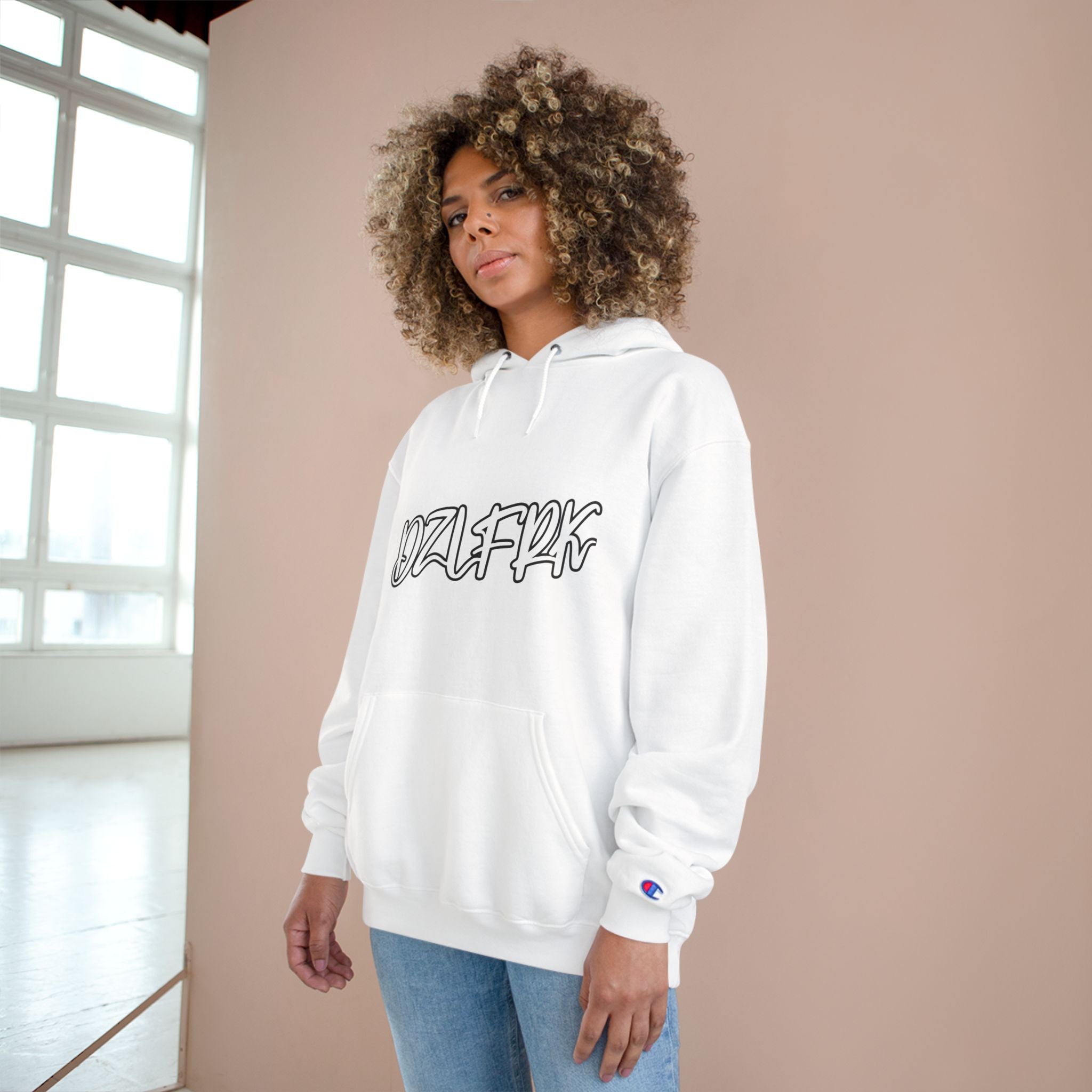 DZLFRK White Text Champion Hoodie — view 3 | NOFXGVN