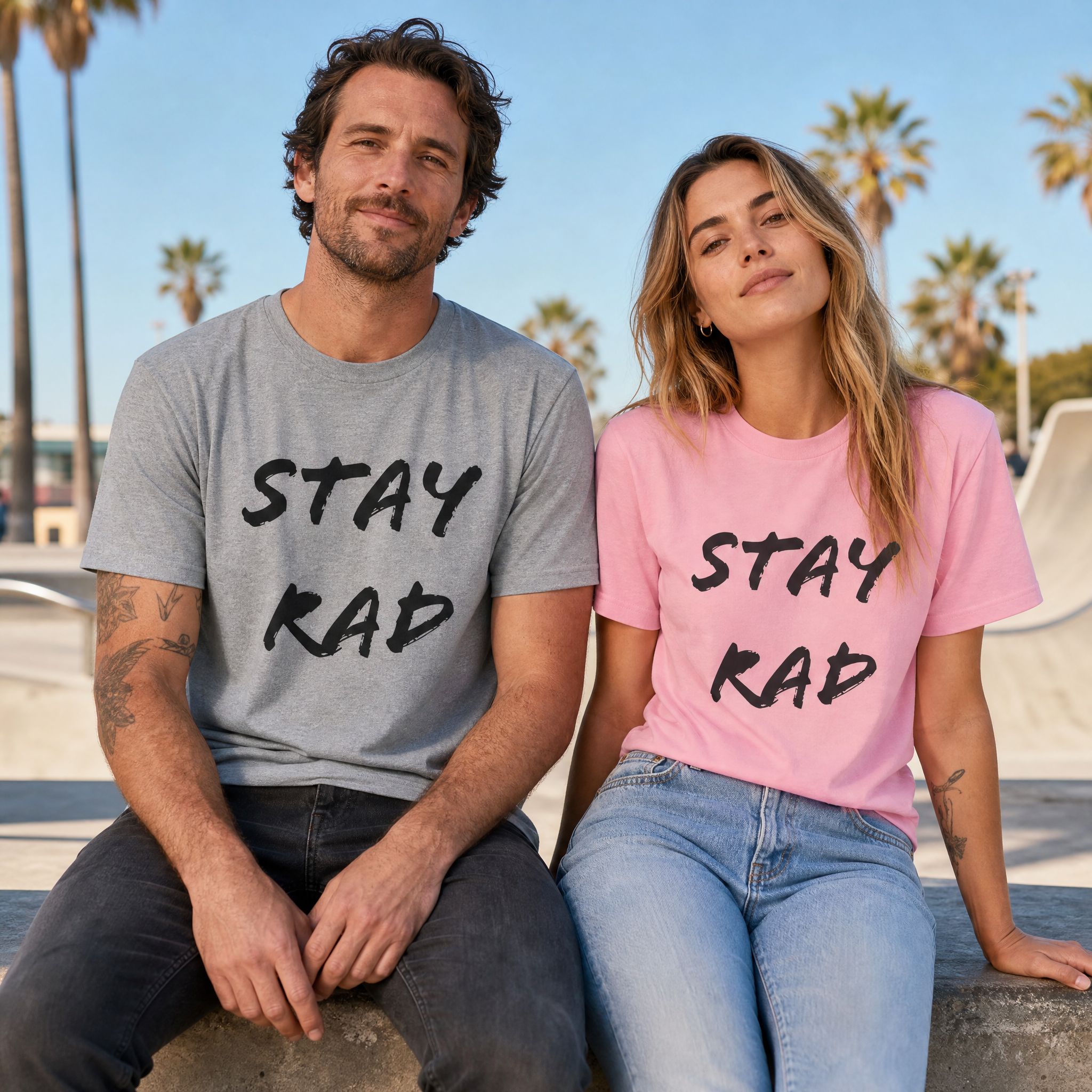 Unisex Stay Rad tee shown on a man in Athletic Heather and a woman in Pink at a skate park | NOFXGVN
