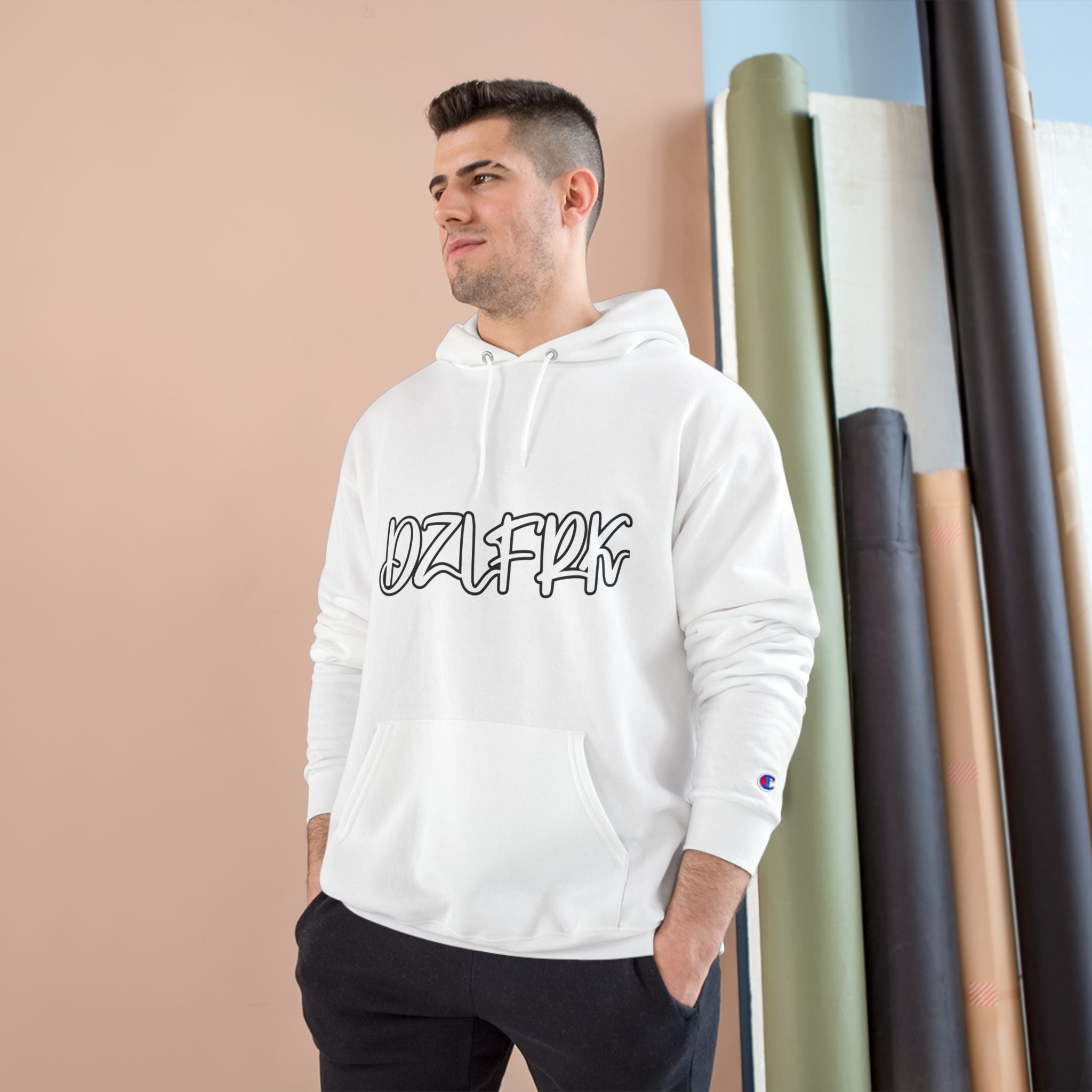 DZLFRK White Text Champion Hoodie in White | NOFXGVN