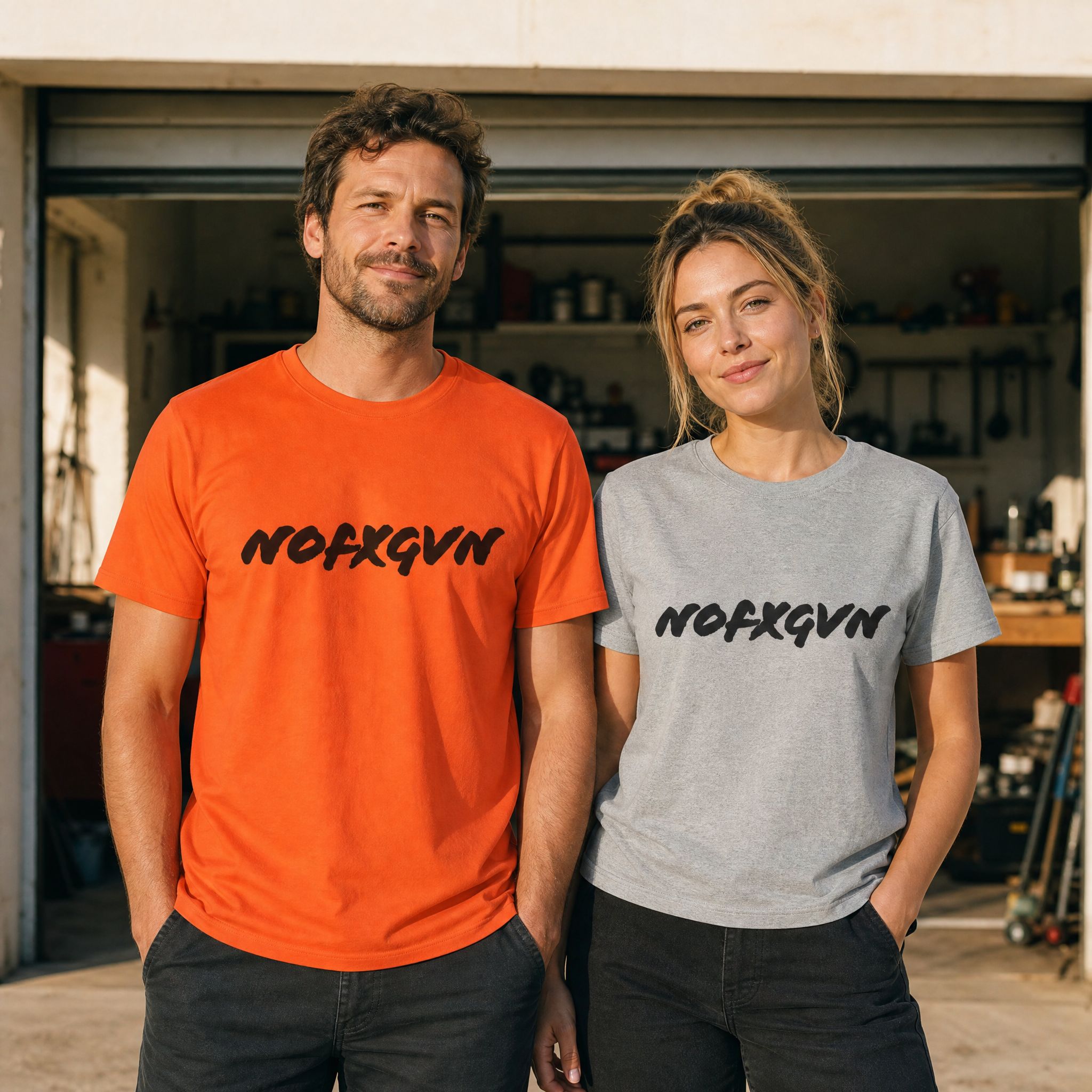 Unisex NOFXGVN tee shown on a man in Orange and a woman in Athletic Heather outside an open garage | NOFXGVN