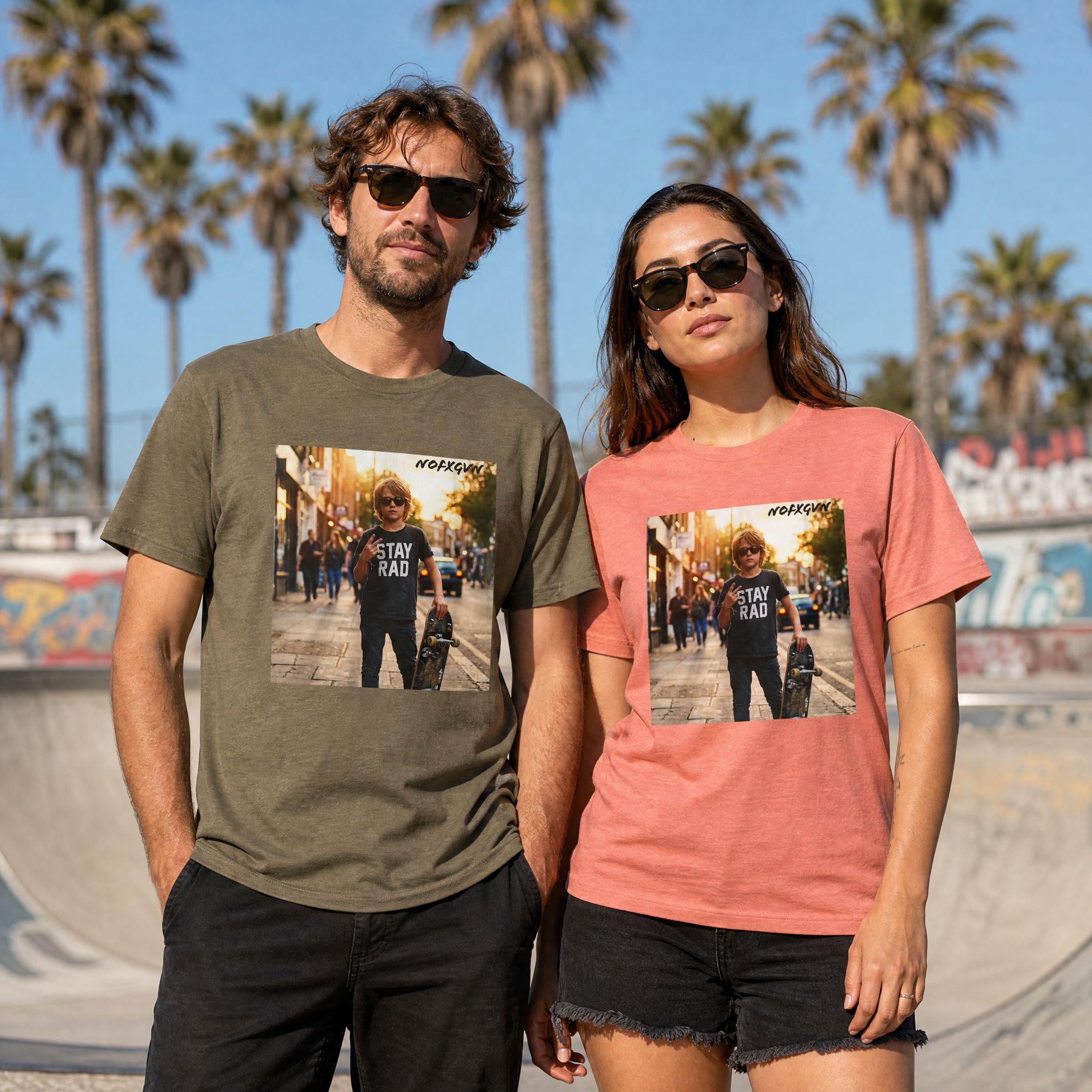 Unisex Stay Rad Skate tee shown on a man in Heather Olive and a woman in Heather Sunset at a concrete skate bowl | NOFXGVN