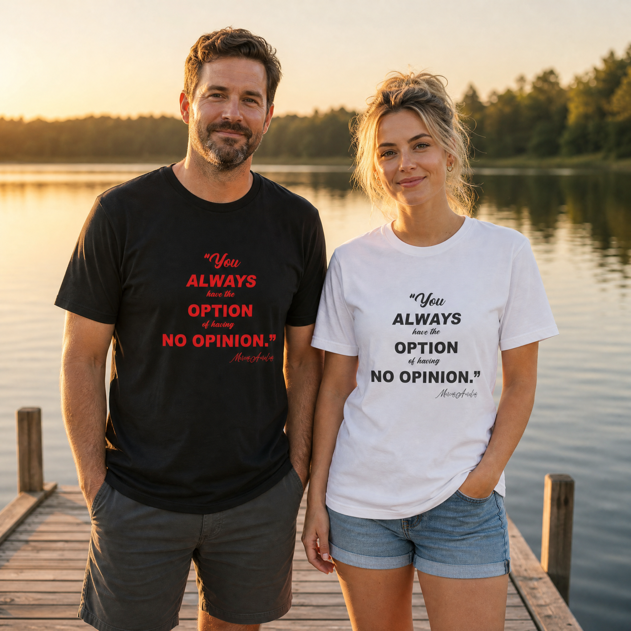 Marcus Aurelius Quote Unisex Tee worn by a man in Black and a woman in White on a lakeside dock | NOFXGVN