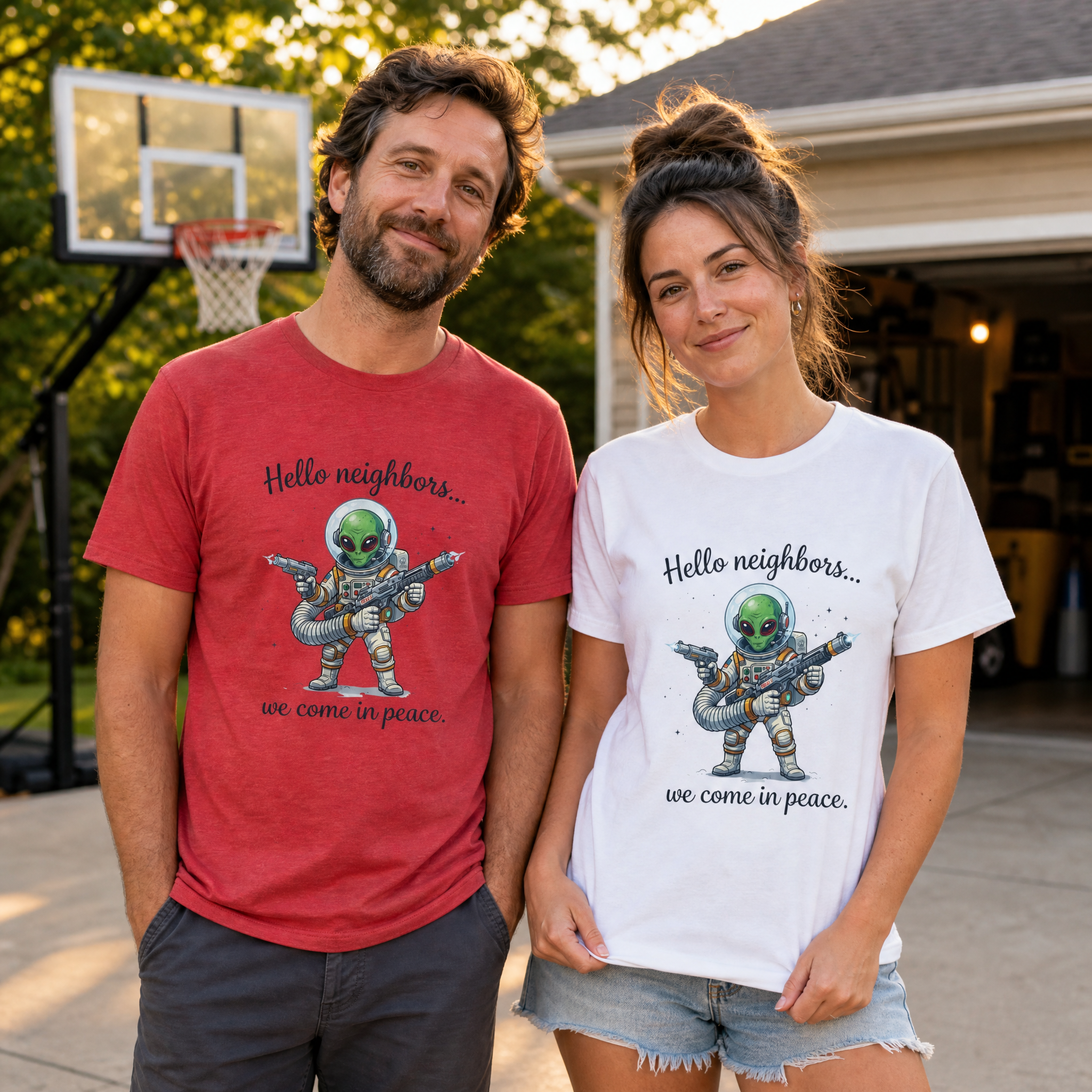 Hello Neighbors Unisex Tee worn by a man in Heather Red and a woman in White | NOFXGVN