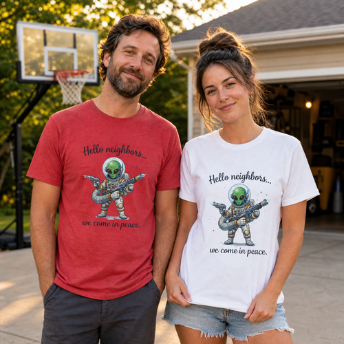 Hello Neighbors Unisex Tee worn by a man in Heather Red and a woman in White | NOFXGVN