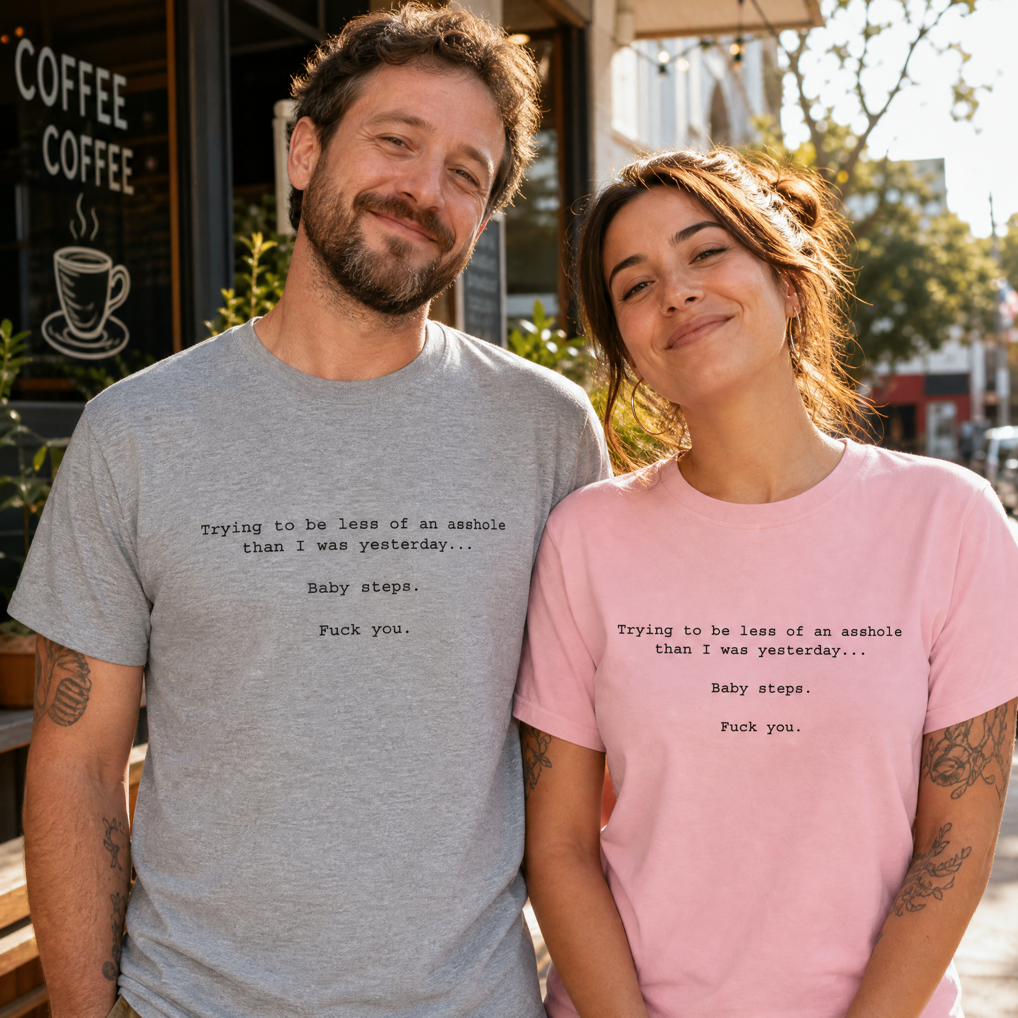 Baby Steps Unisex Tee, black print, worn by a man in Athletic Heather and a woman in Pink | NOFXGVN