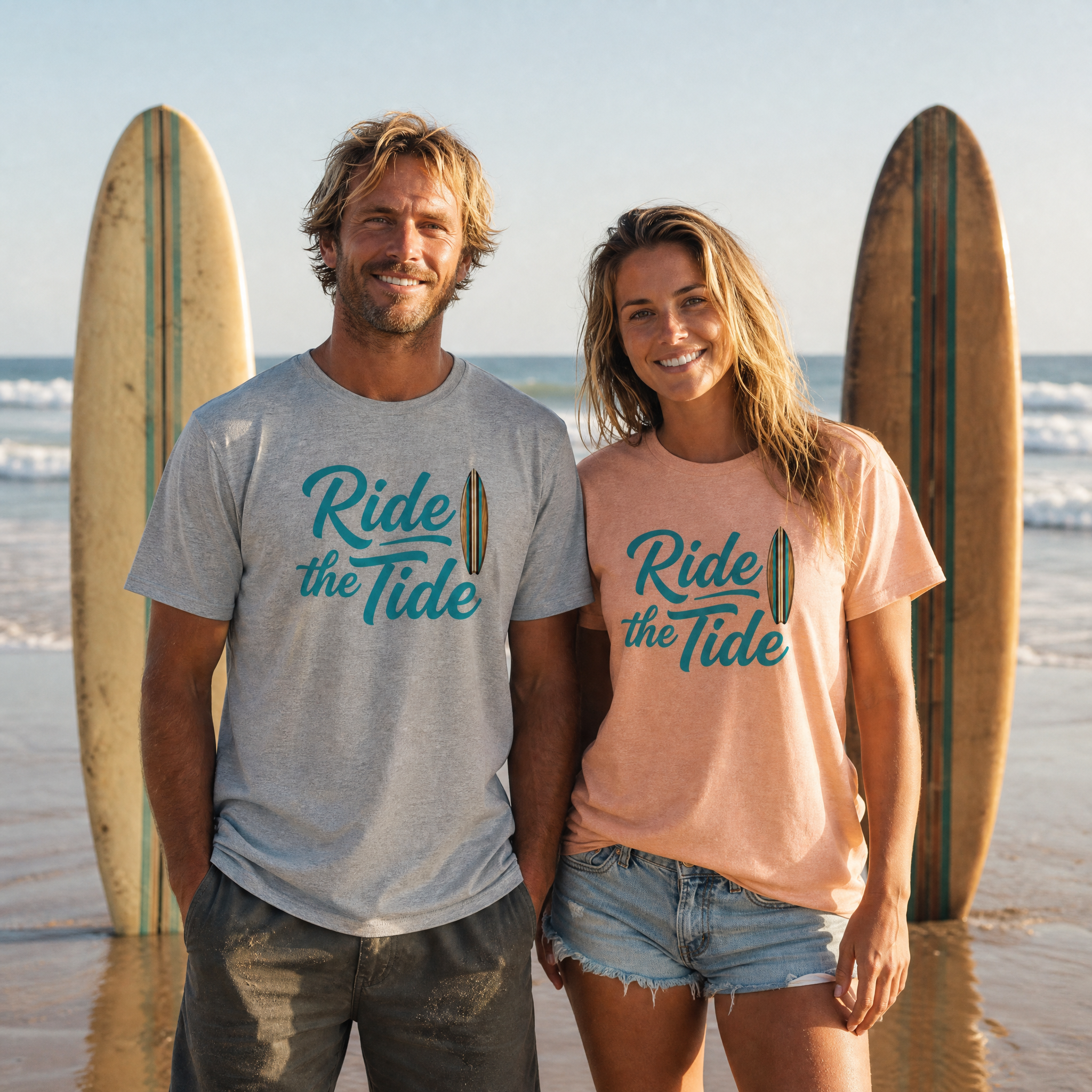 Ride the Tide Unisex Tee worn by a man in Athletic Heather and a woman in Heather Peach on the beach | NOFXGVN