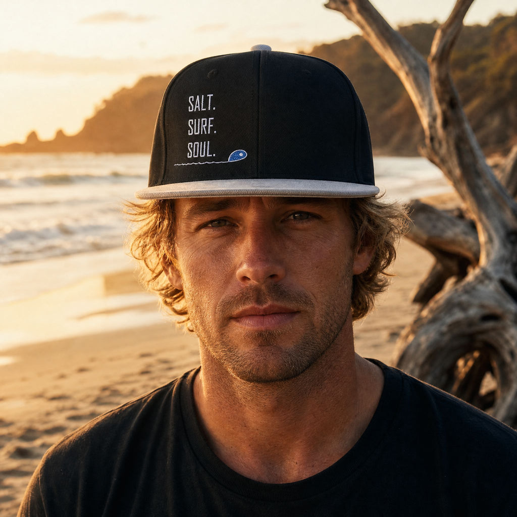 Man wearing the black and grey embroidered 'Salt.Surf.Soul.' snapback hat on a beach at golden hour | NOFXGVN