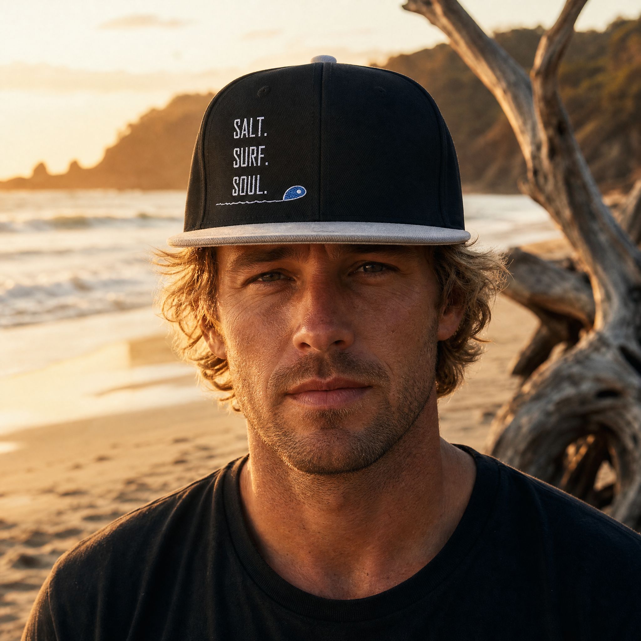 Man wearing the black and grey embroidered 'Salt.Surf.Soul.' snapback hat on a beach at golden hour | NOFXGVN