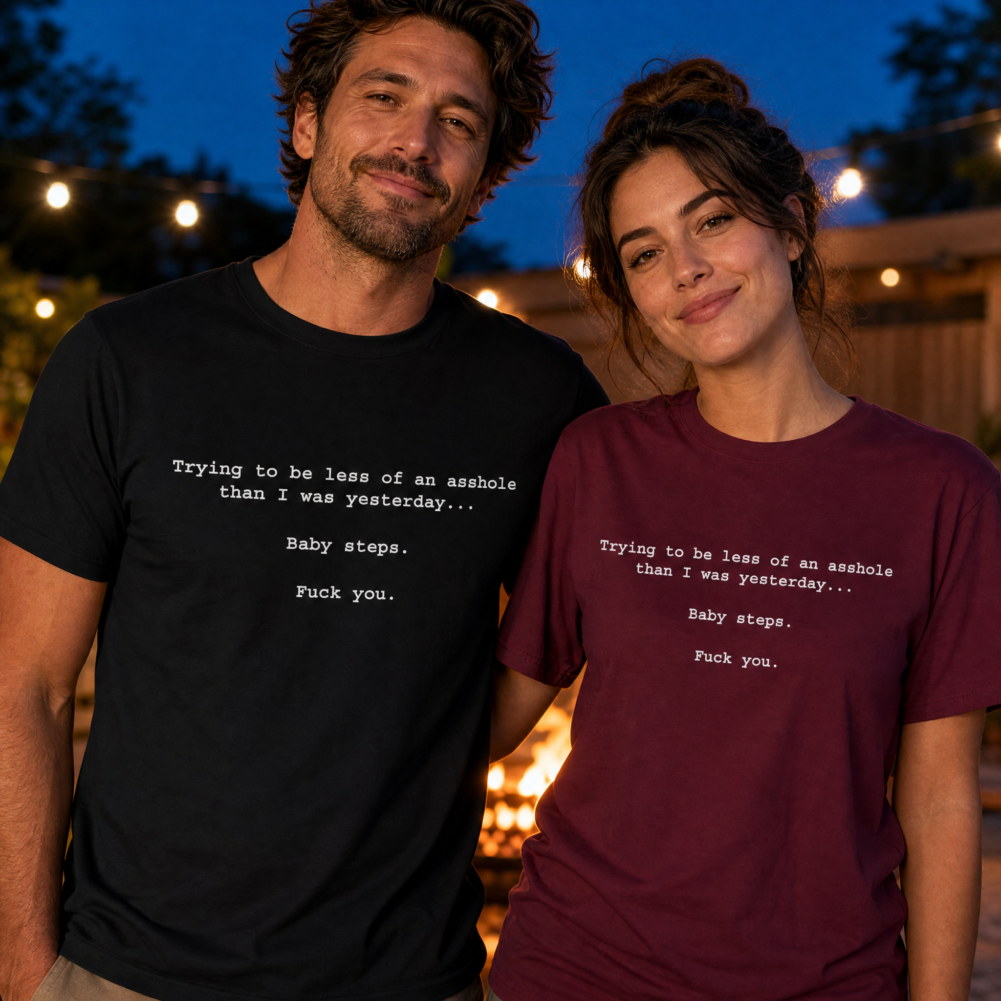 Baby Steps Unisex Tee, white print, worn by a man in Black and a woman in Maroon | NOFXGVN
