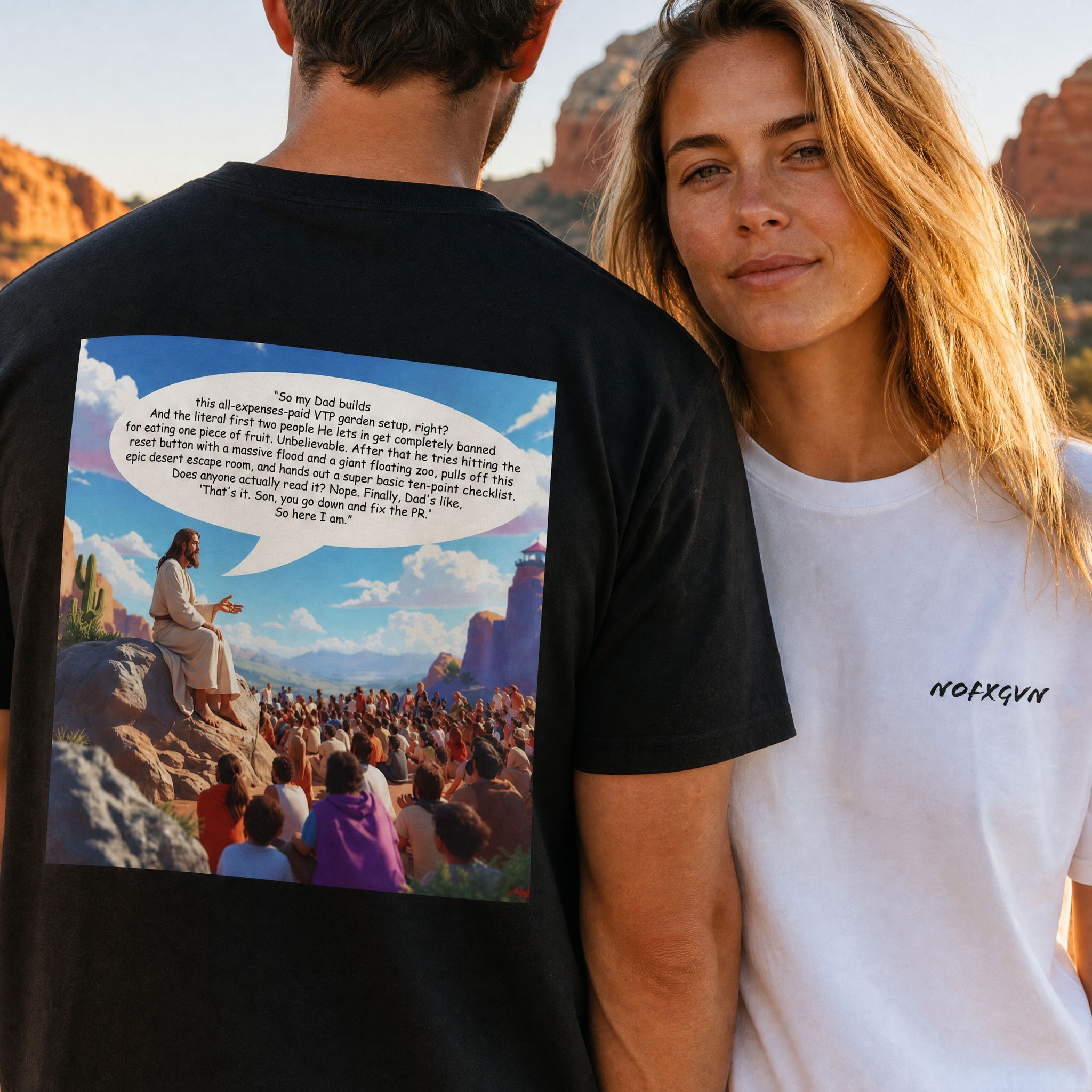 Couple in red-rock canyon at golden hour, black Jesus Story tee back print and white tee front | NOFXGVN